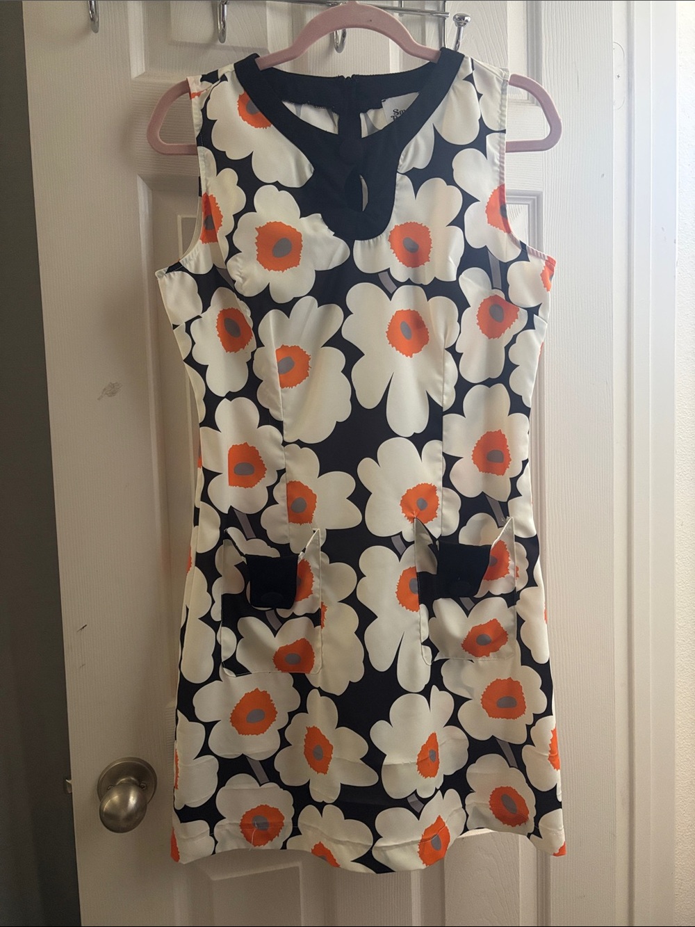 60s dress-Black Floral Shift Dress with Orange Accents